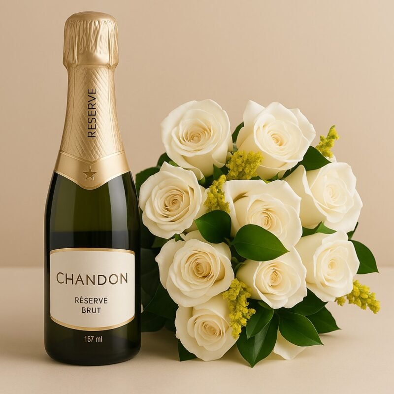 Buquê 16 Rosas Brancas e Chandon Baby