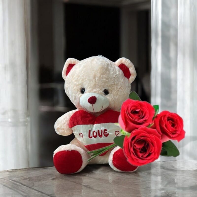 Buquê 3 Rosas Vermelhas  e Urso 20 cm